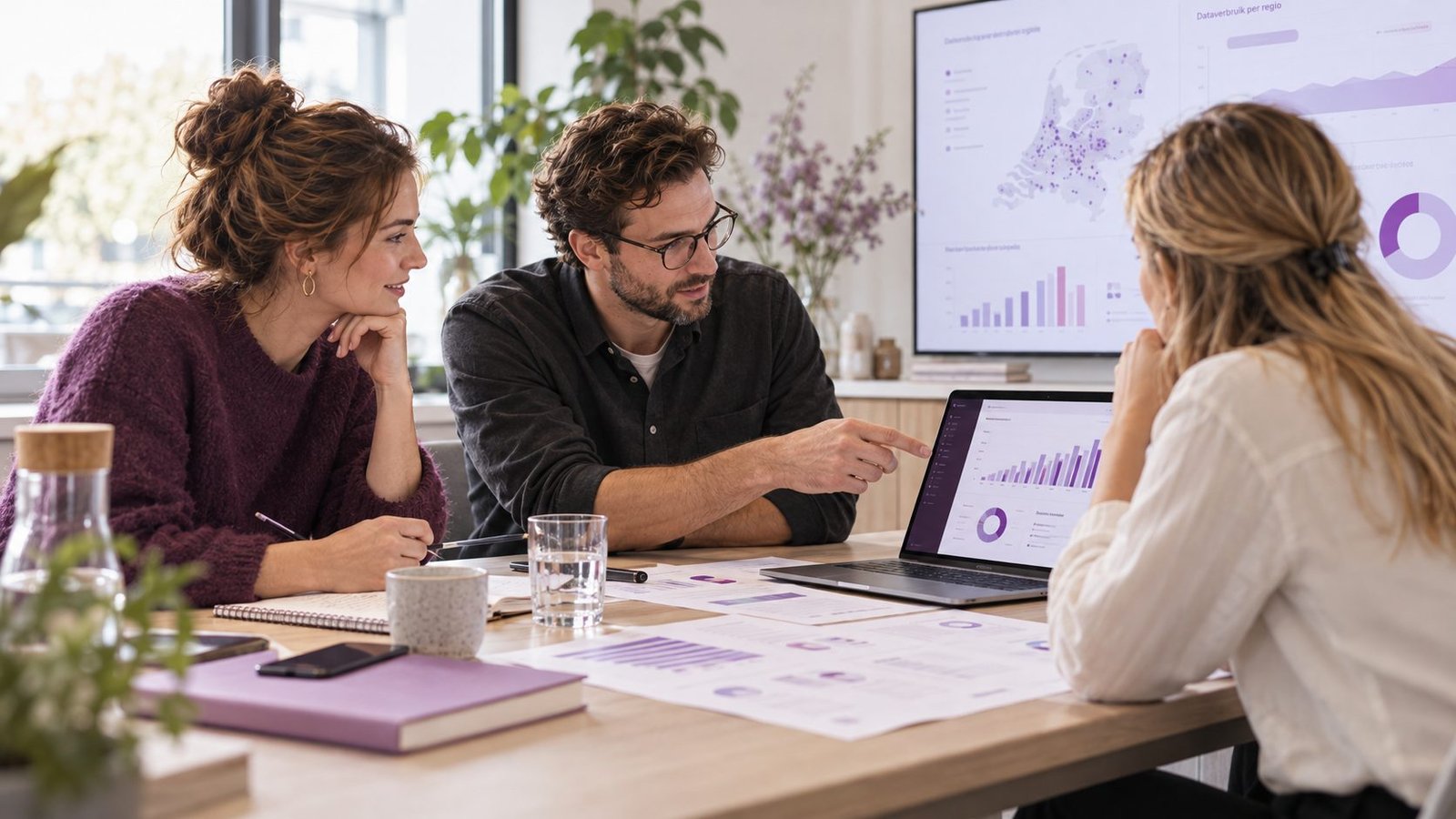 Adviseur bespreekt een data-analyse met twee collega's aan tafel, met grafieken op laptop en scherm