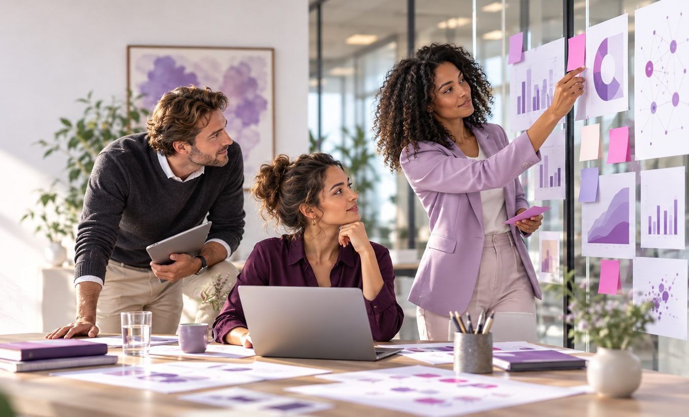 Team bespreekt analyses en grafieken aan een strategiebord